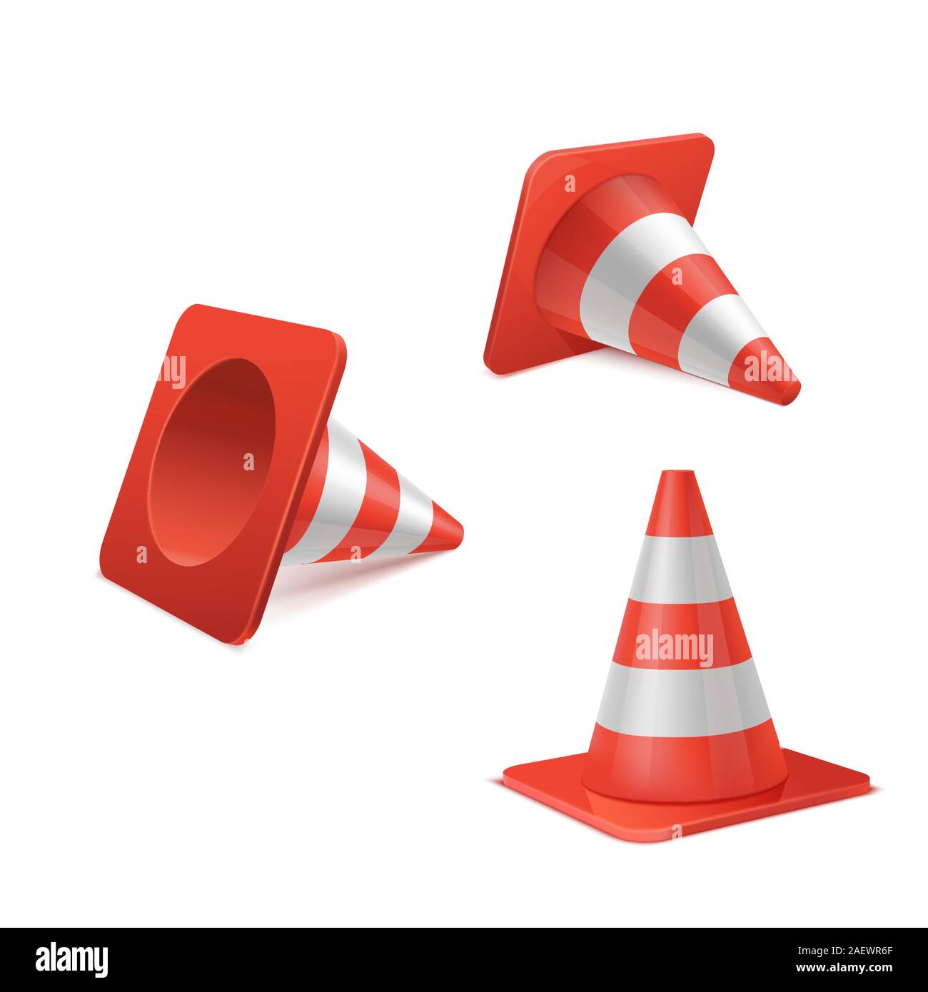 Realistic vector set of plastic road cones in various positions Stock