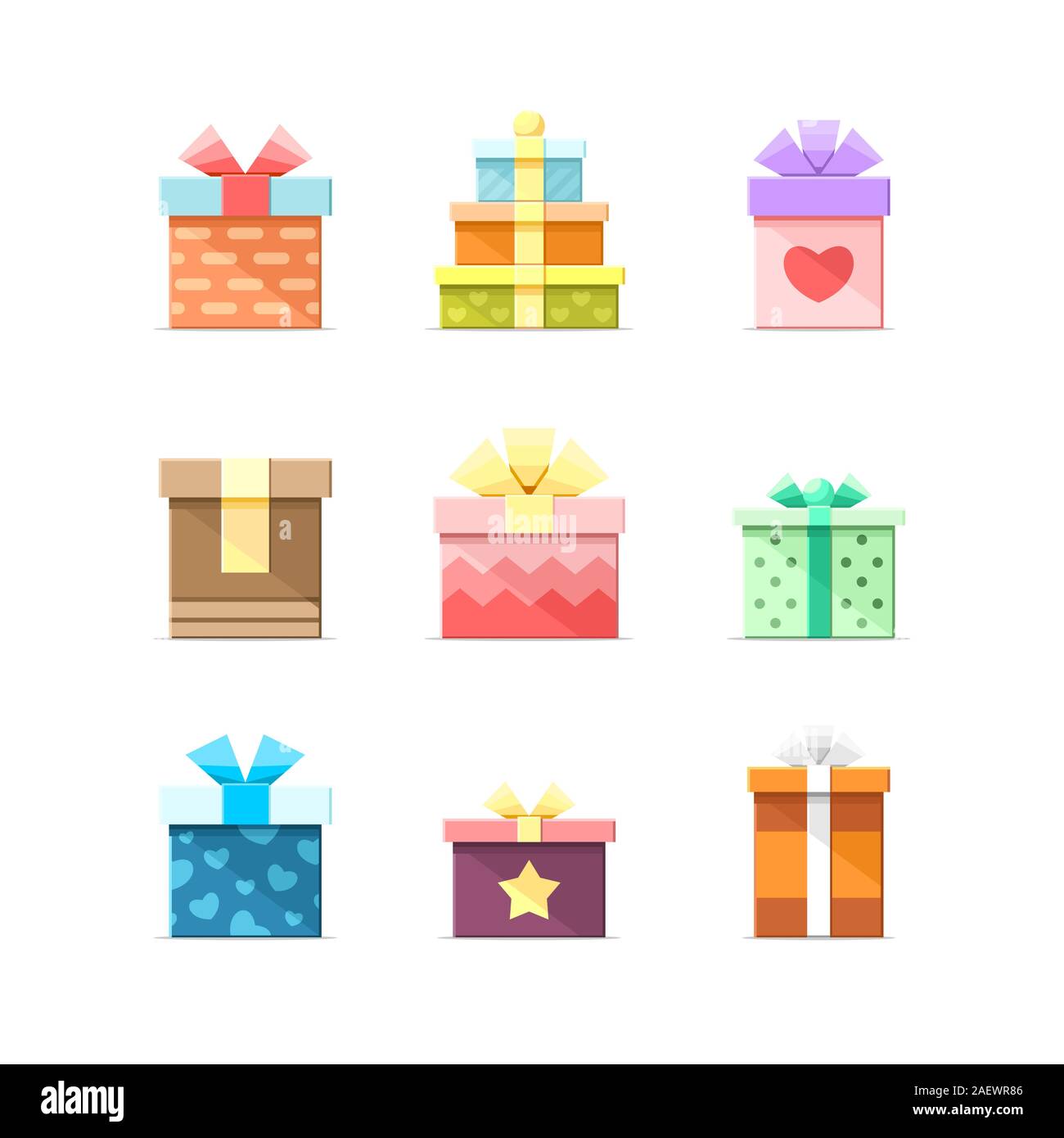 9 Colorful vector flat boxes with ribbons isolated on white background. Package, gift, present, happy birthday, party box icons set 2 Stock Vector