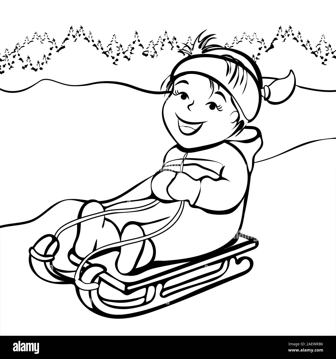 Girl sledding, cartoon character, black and white outline hand drawing, coloring, winter kids fun. Cute happy child joyful rides in sled on snow hill Stock Vector