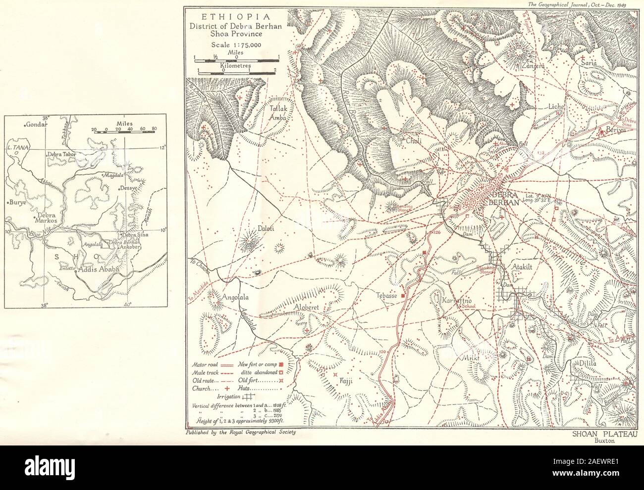 ETHIOPIA. Debra Berhan district Shoa Province 1949 old vintage map plan chart Stock Photo