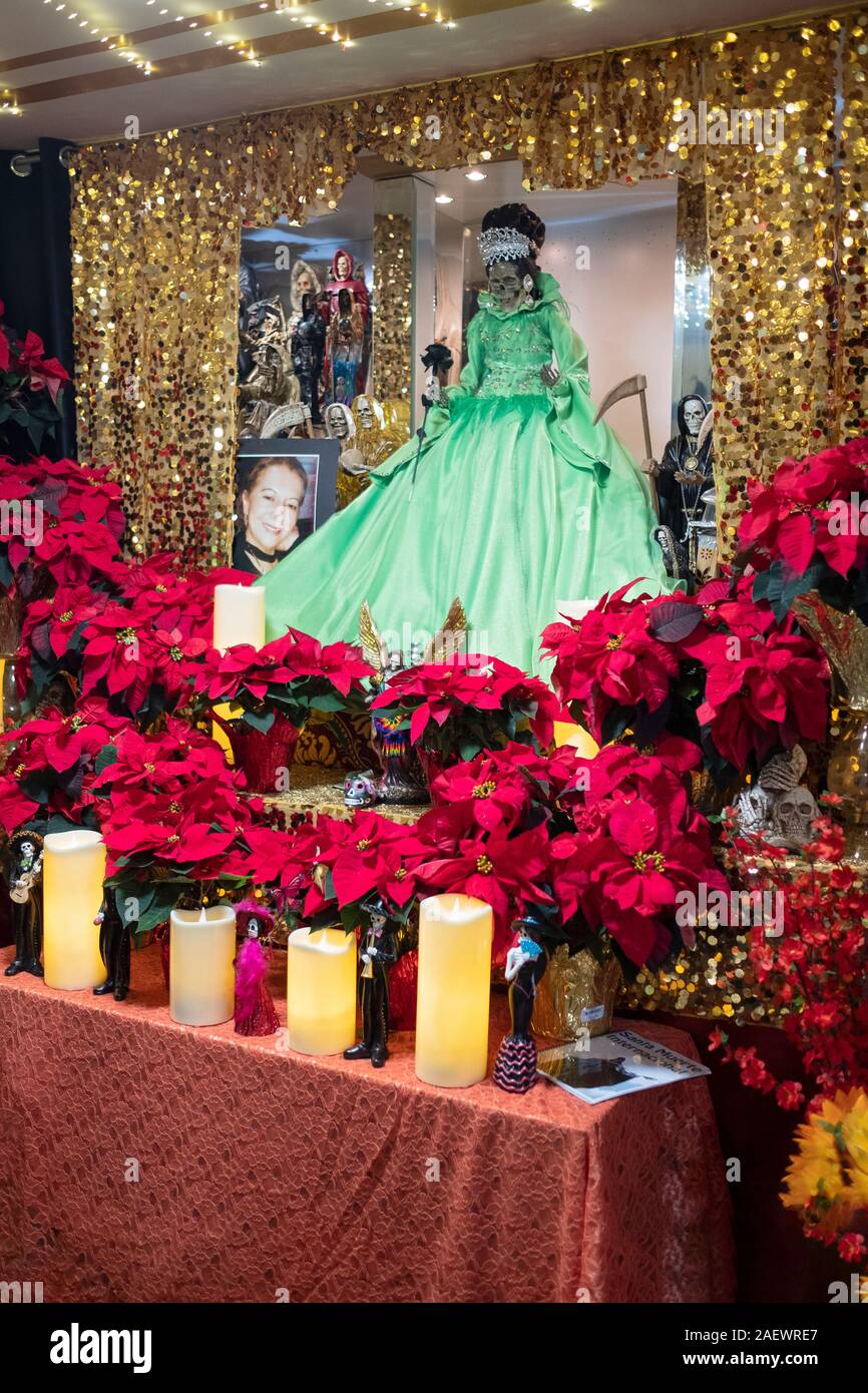 The home temple of a Mexican American devotee of Santa Muerte in Jackson Heights, Queens, New York City. Stock Photo