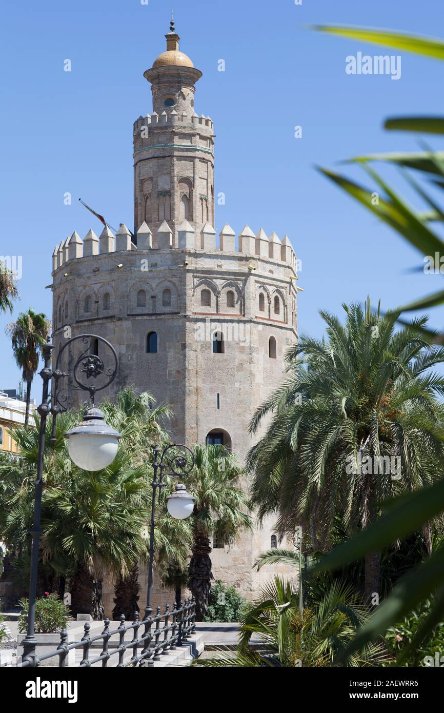 The Torre del Oro is a dodecagonal military watchtower in Seville. It was erected by the Almohad Caliphate in order to control access to Seville Stock Photo