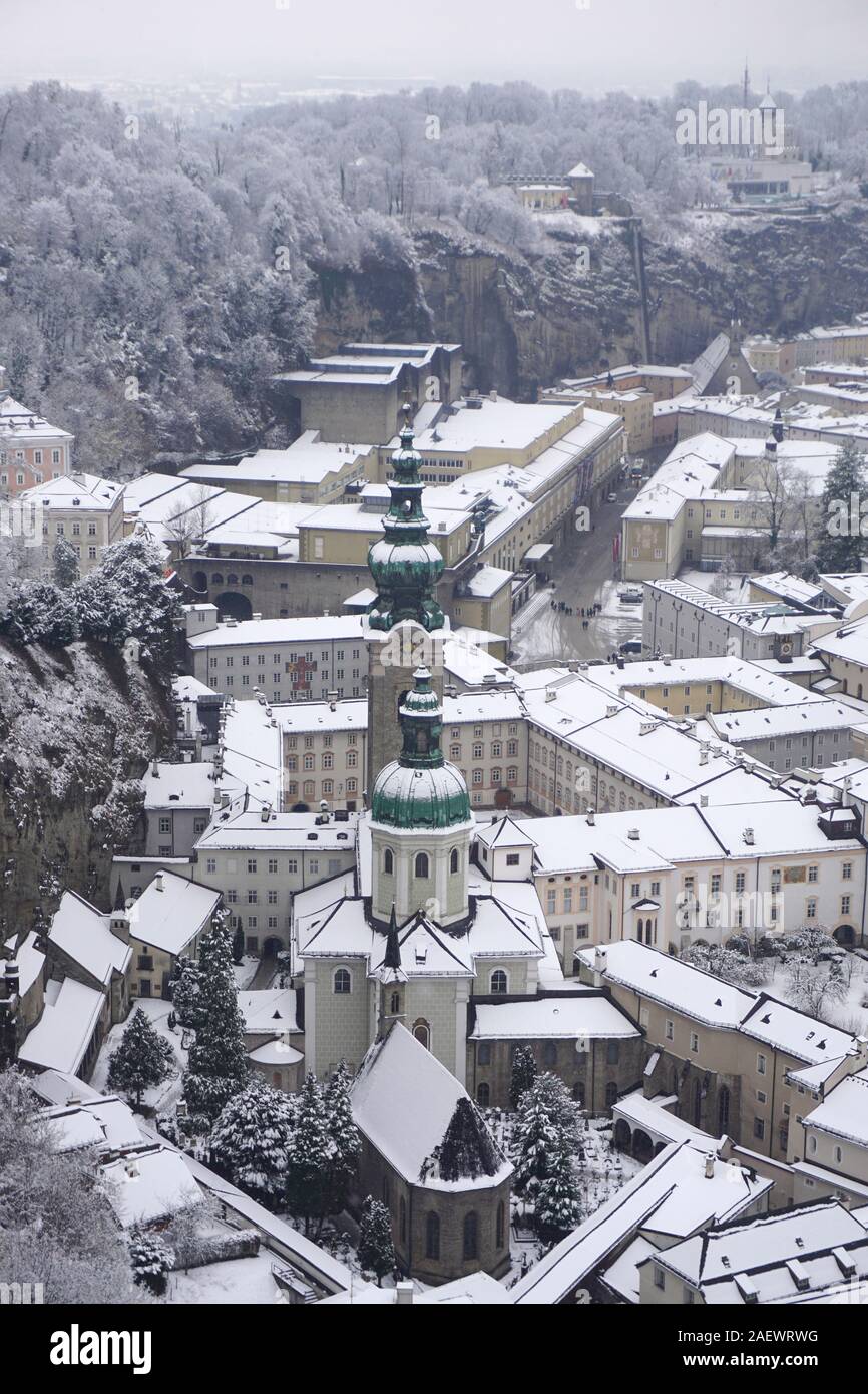 St Peter's Abbey covered with snow panoramic view, Salsburg Stock Photo