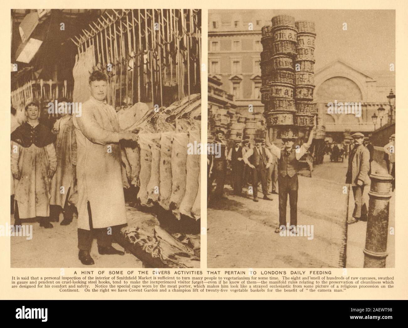 Smithfield Meat Market. Covent Garden.carrying 25 vegetable baskets on