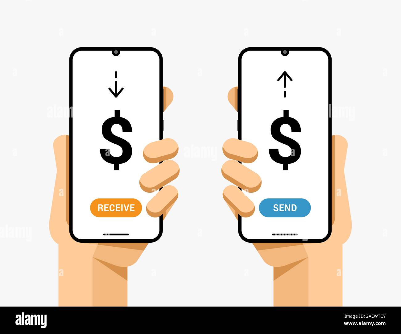 Smartphones with dollar transaction operation. Send and receive money. Electronic wallet Stock Vector