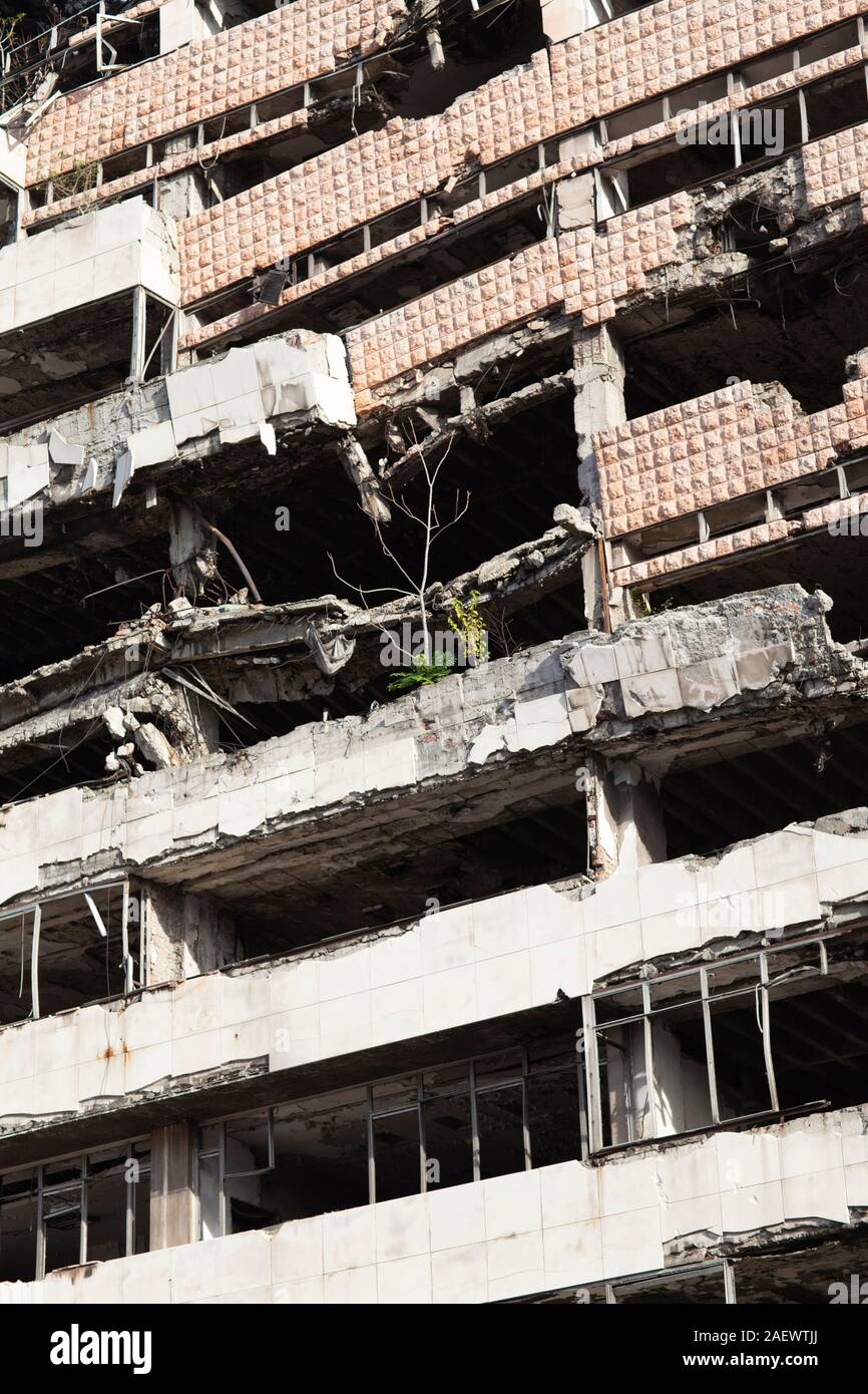 War destruction in Belgrade, Serbia. The Yugoslav Ministry of Defence building bombed and damaged in 1999 by NATO coalition forces. Stock Photo