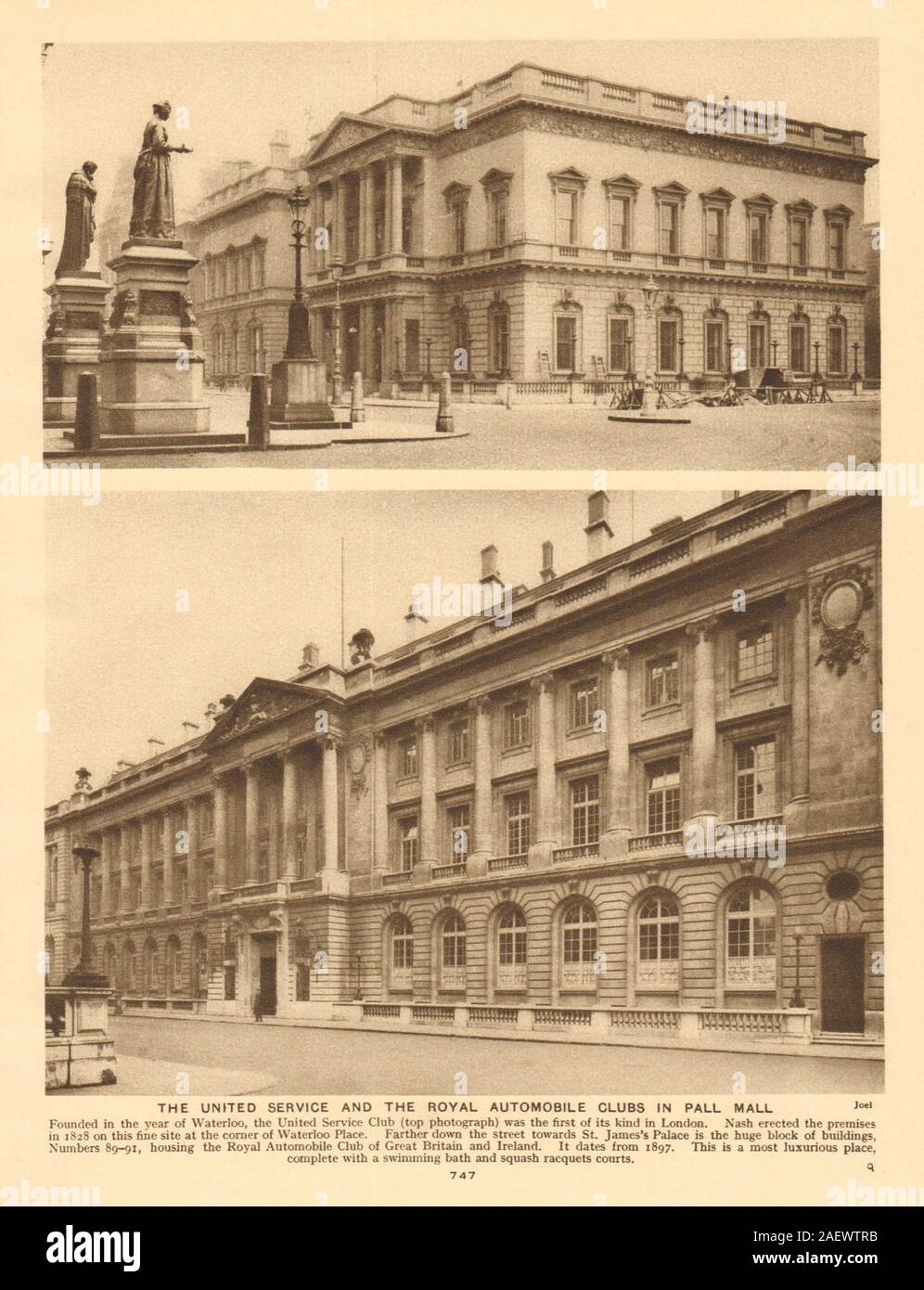 The United Service Club and the Royal Automobile Club in Pall Mall 1926 print Stock Photo