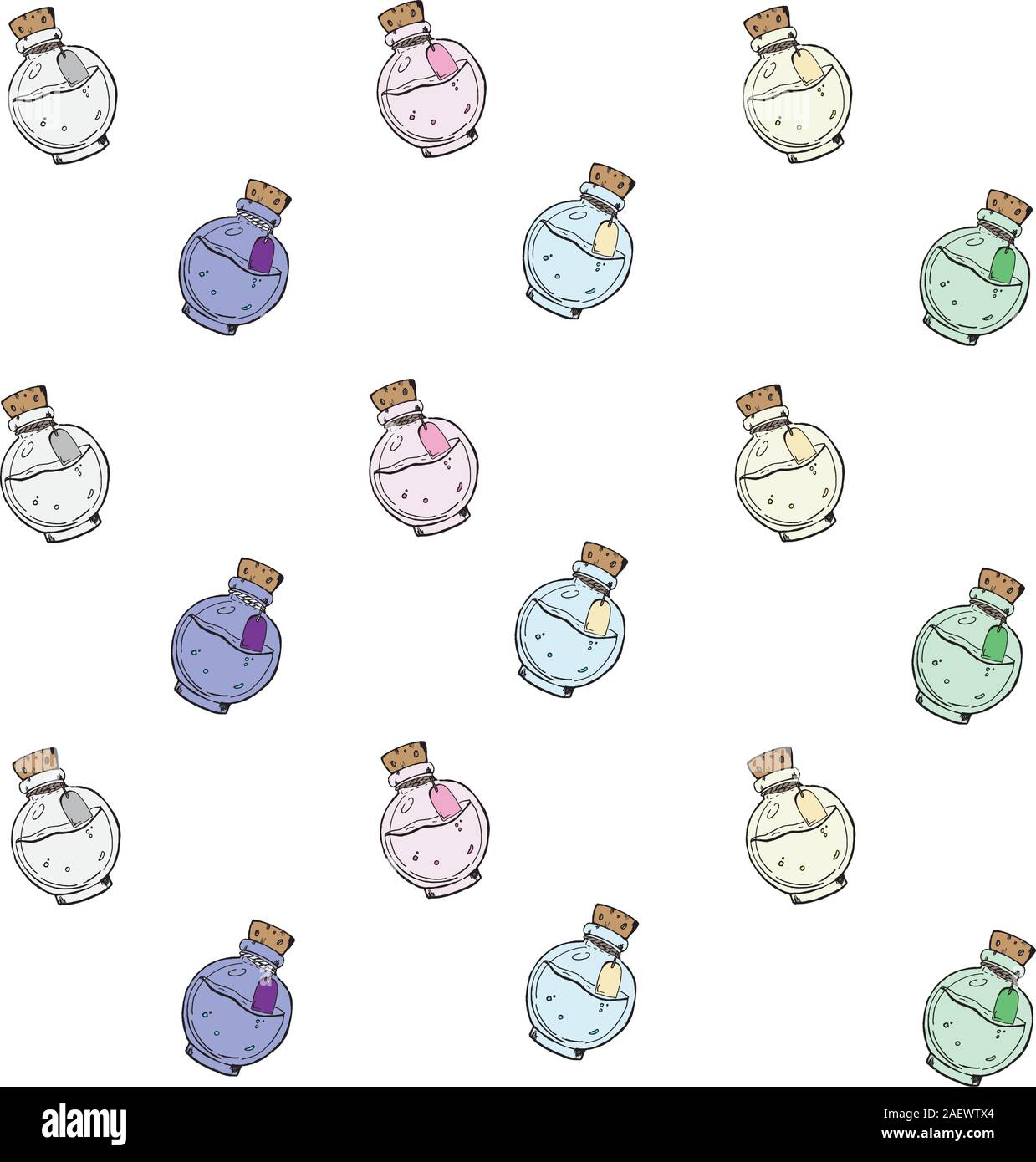 Texture with hand-drawn colored bottles with different potions. Stock Vector