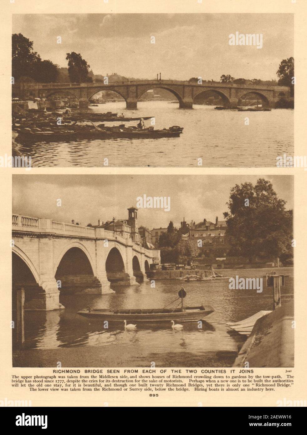 Richmond Bridge from the Middlesex and Surrey sides 1926 old vintage print Stock Photo