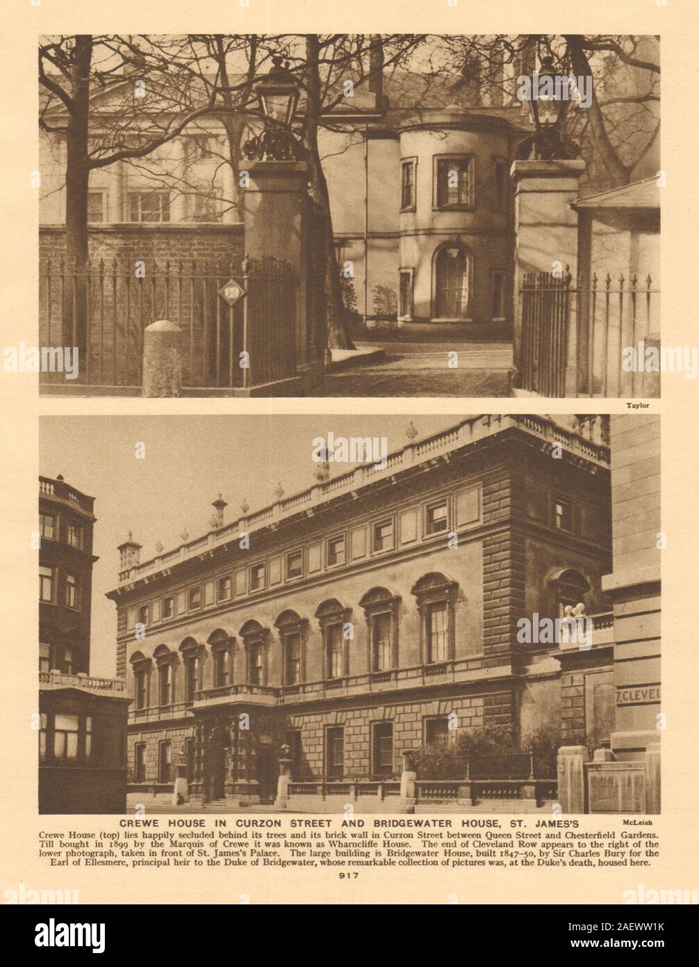 Crewe House, Curzon Street (Saudi Embassy). Bridgewater House, St. James's 1926 Stock Photo