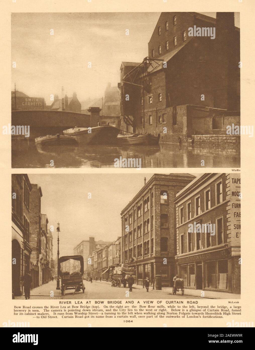 River Lea at Bow Bridge. Curtain Road, Shoreditch. Cabinet makers 1926 print Stock Photo