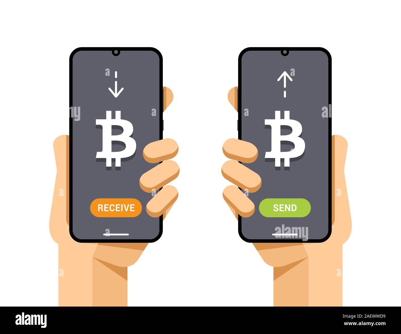 Smartphones with cryptocurrency transaction operation. Send and receive bitcoin. Electronic wallet Stock Vector