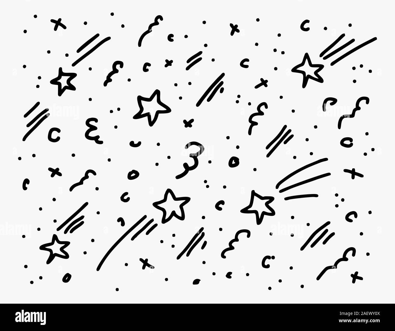 Doodle simple vector hand drawn pattern with stars and splashes. Abstract outline background Stock Vector