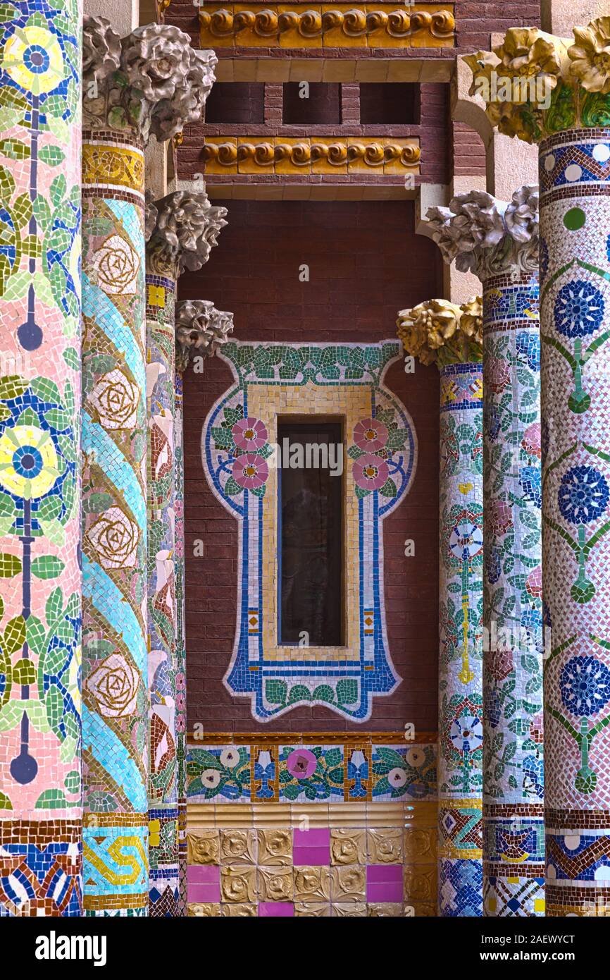 Balcony decorated with mosaic at Palau de la Musica, Barcelona, Spain Stock Photo