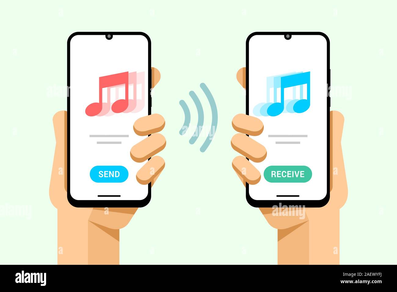 Smartphone mockup in human hand. Send and receive a music track file from phone to phone. Vector colorful technology illustration Stock Vector