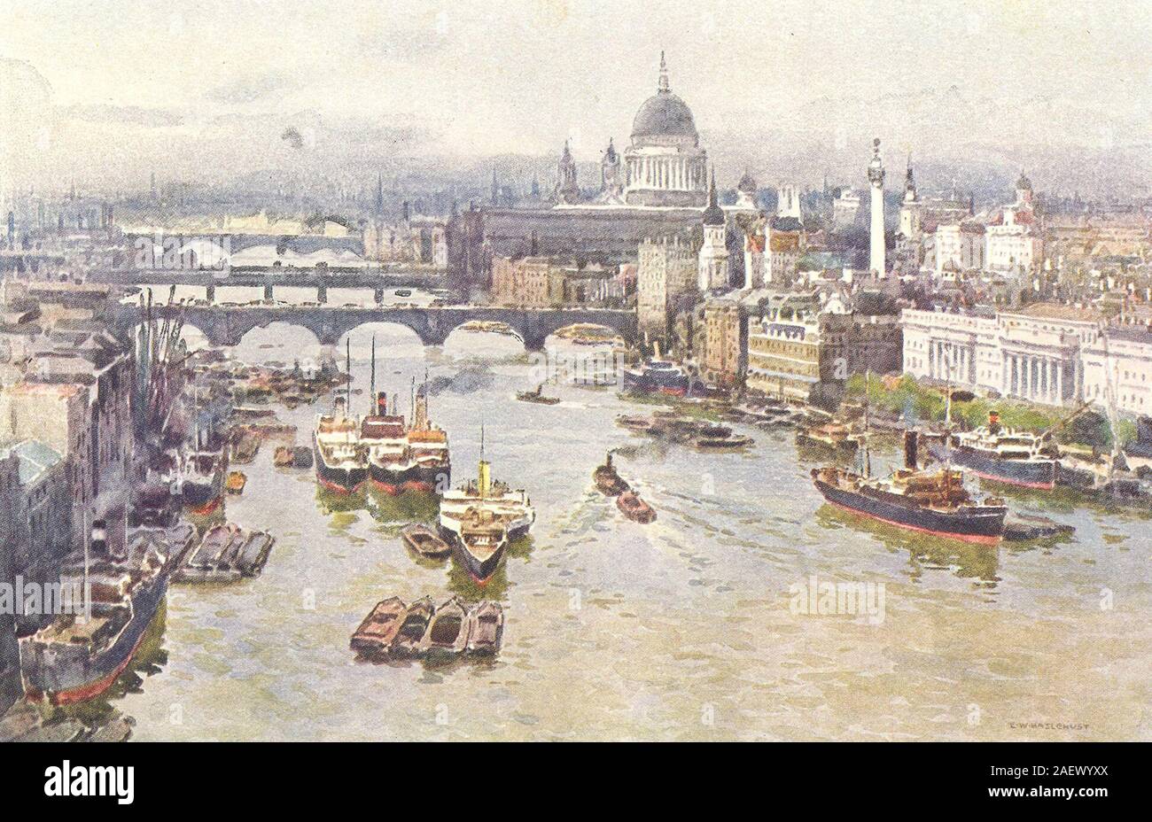 The Heart of London from Tower Bridge. London. By Ernest Haslehust 1920 print Stock Photo
