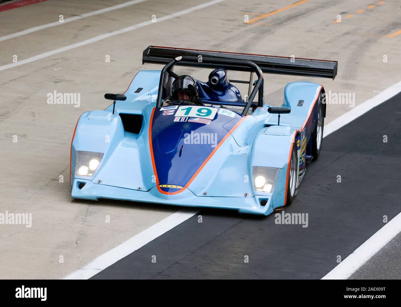 A Blue, 2000,  Lola B2K/40 in the Pit Lane, during the Aston Martin Trophy for Masters Endurance Legends at the 2019 Silverstone Classic Stock Photo