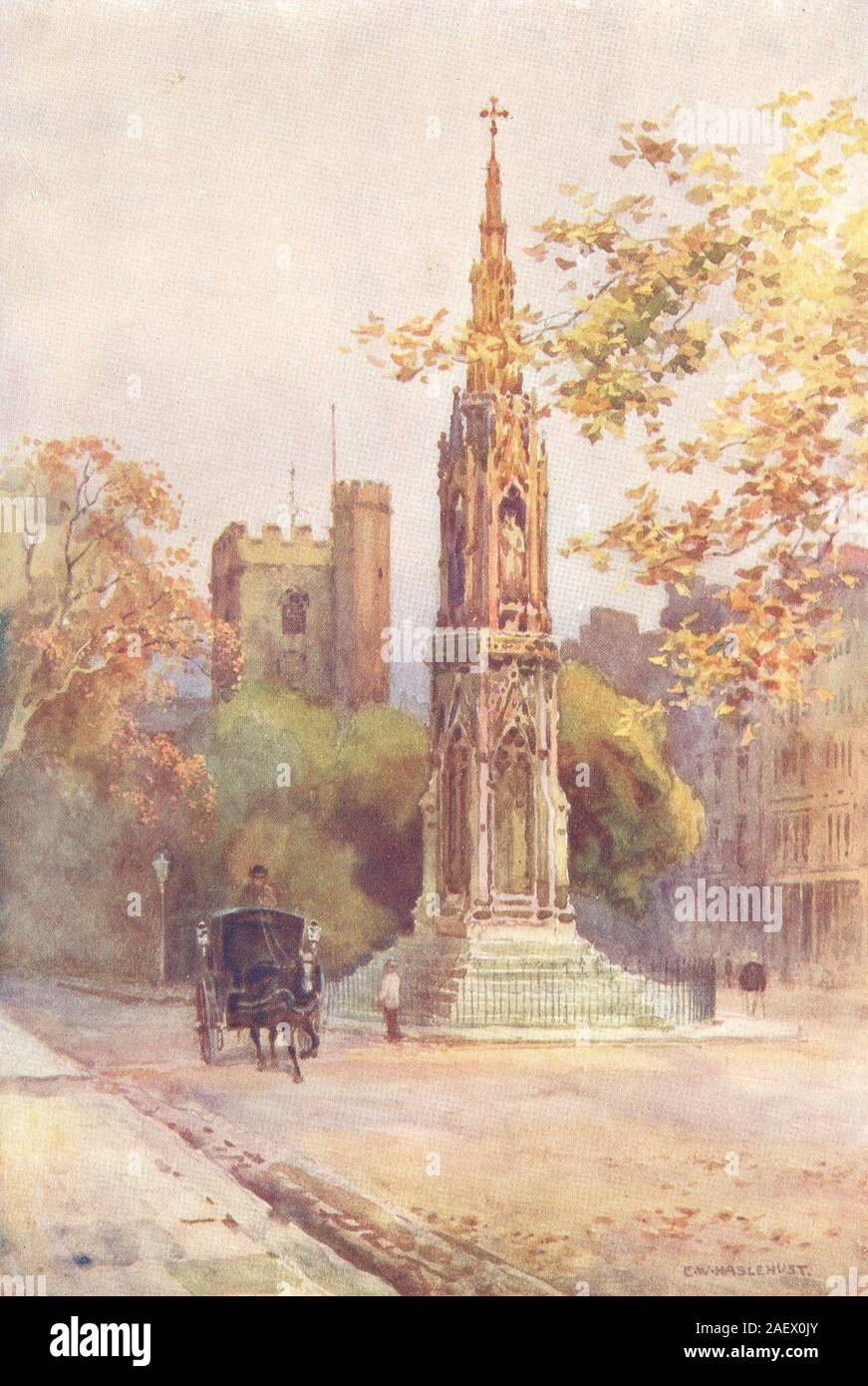 Martyrs' Memorial and St. Giles. Oxford. By Ernest Haslehust 1920 old print Stock Photo