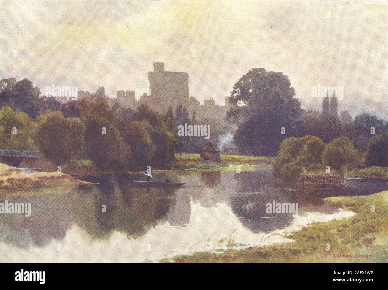 Windsor Castle from Fellows' Eyot, Eton. Berkshire. Ernest Haslehust 1920 Stock Photo