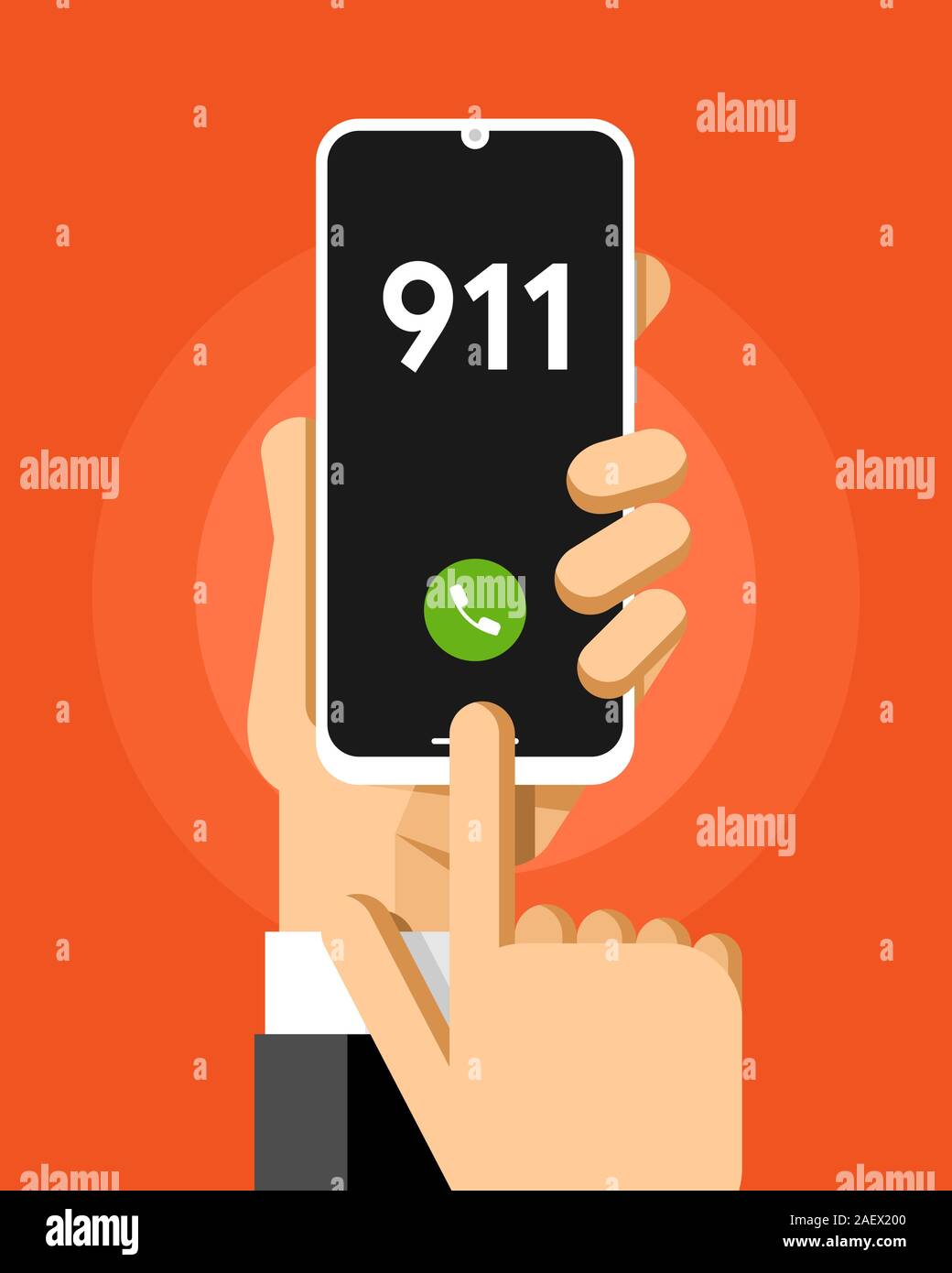 Smartphone mockup in human hand. 911 rescue phone number. Vector colorful technology illustration Stock Vector
