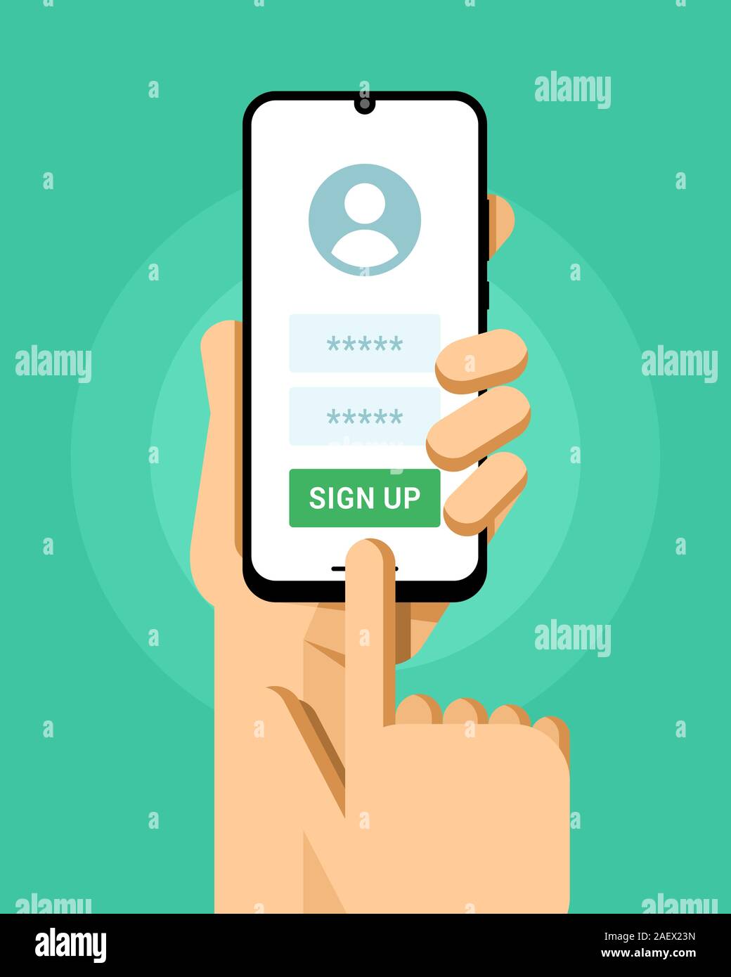 Smartphone mockup in human hand. Sign up screen in application with