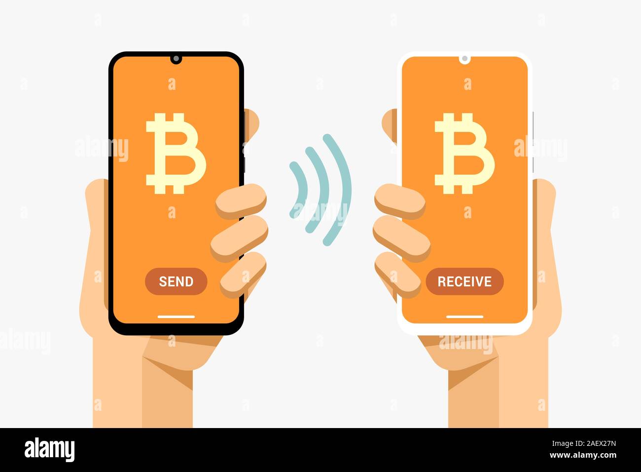 Smartphones with cryptocurrency transaction finance operation. Sending and receiving bitcoin. Vector concept technology illustration Stock Vector