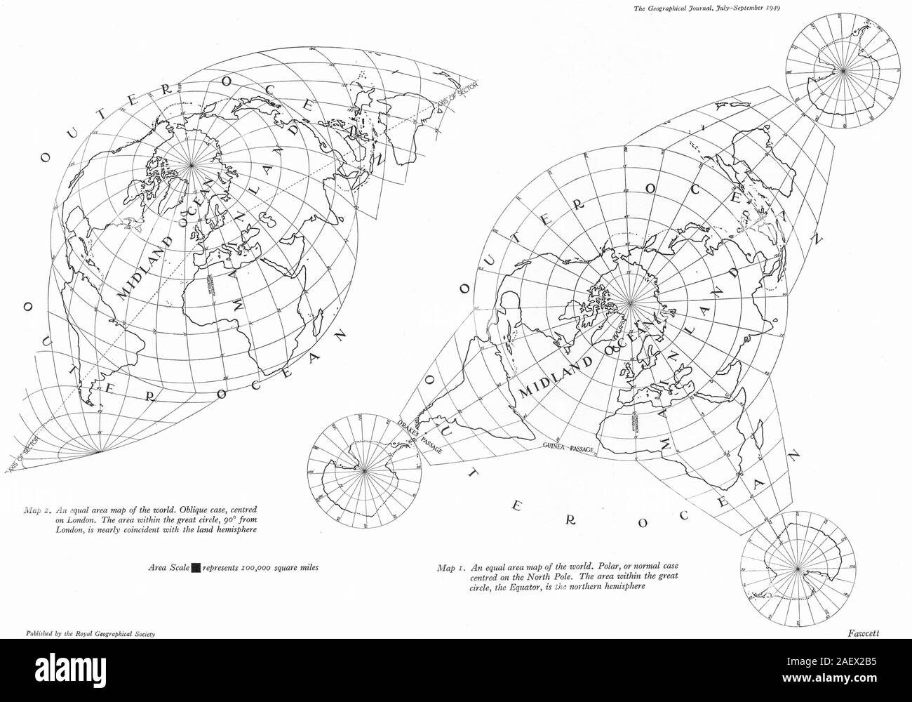 WORLD Equal area map.Polar case(North pole);Oblique(London)land hemisphere 1949 Stock Photo