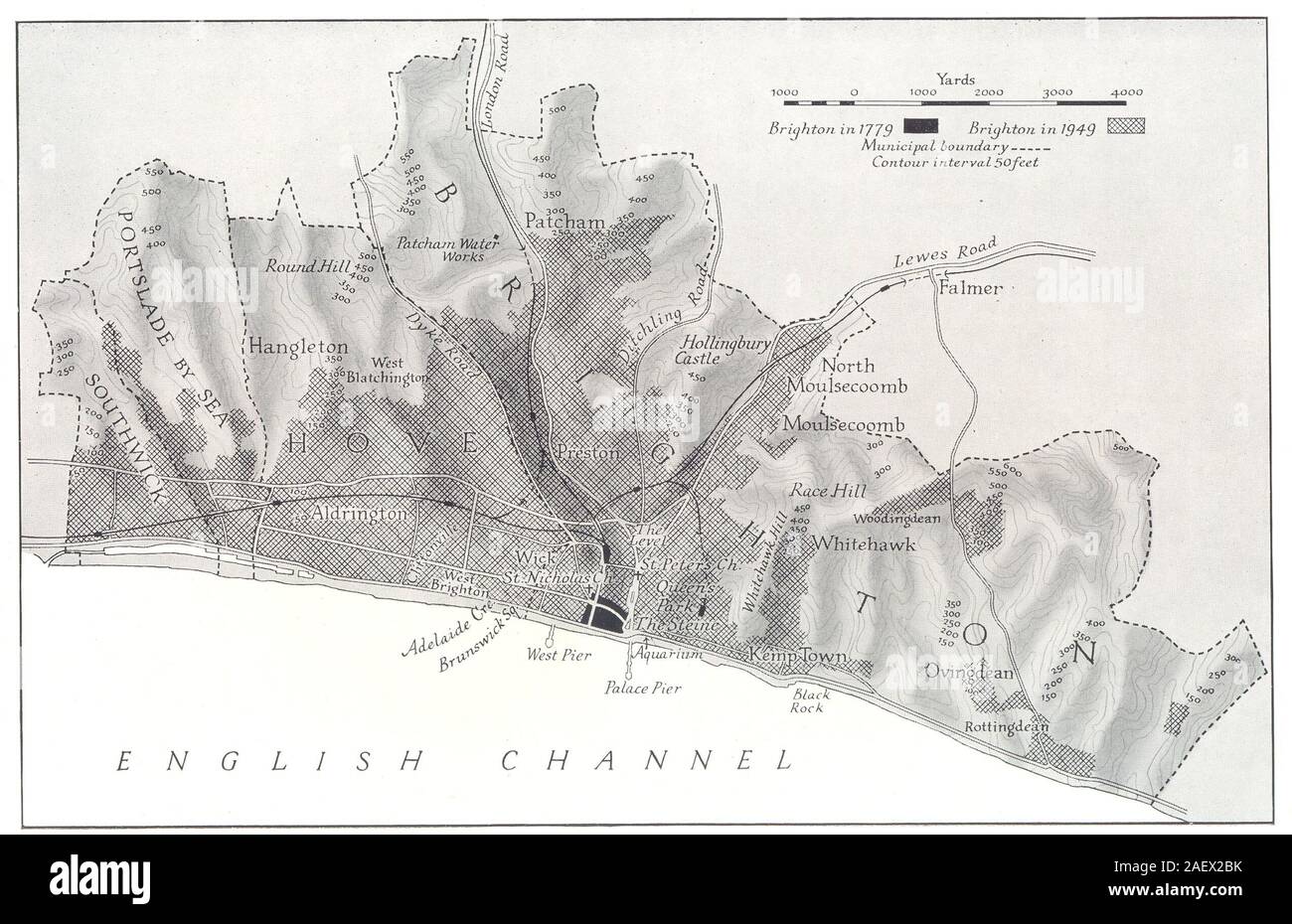 SUSSEX. The Relief of Brighton. In 1779; in 1949. RGS map 1949 old vintage Stock Photo