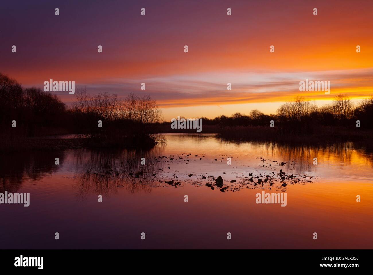 Barton-upon-Humber, North Lincolnshire, UK. 11th December 2019. UK Weather: Sunrise over a nature reserve on a Winter morning in December. Credit: LEE BEEL/Alamy Live News. Stock Photo