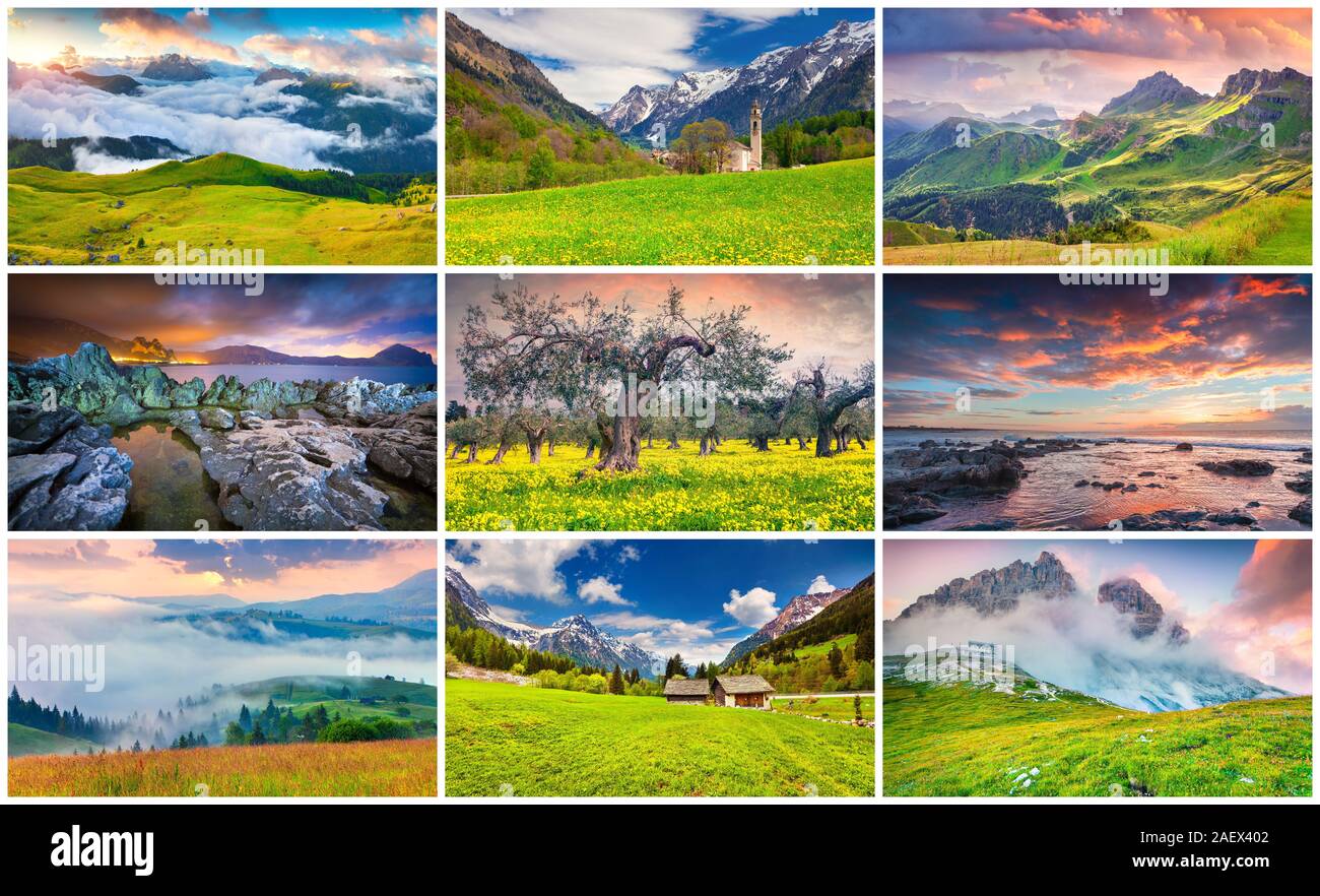 Collage with 9 colorful summer landscapes. Stock Photo