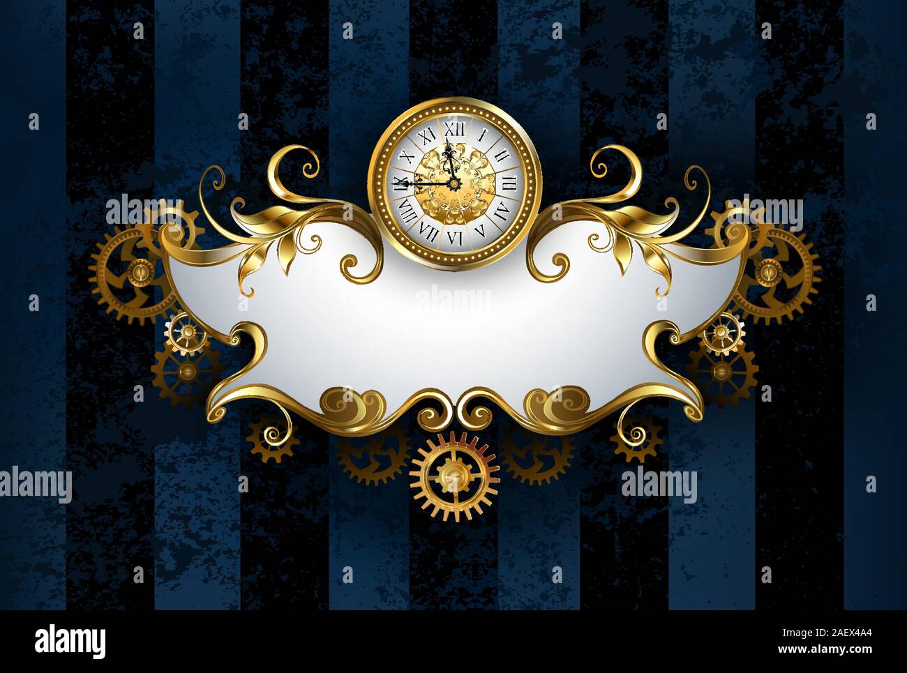 Jewelry, patterned banner with antique watches, decorated with gold and brass gears on dark blue, textured, striped background, drawn in steampunk sty Stock Vector