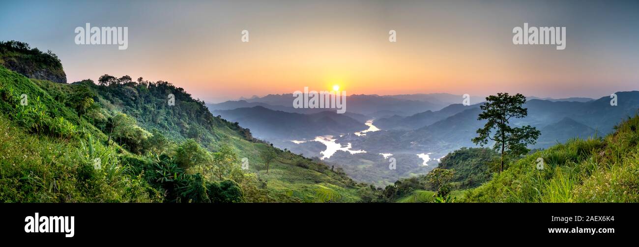 See panoramic photos of amazing ecosystem of Ta Dung lake with wonderful shape of hill around lake in Dak Nong province, Vietnam Stock Photo