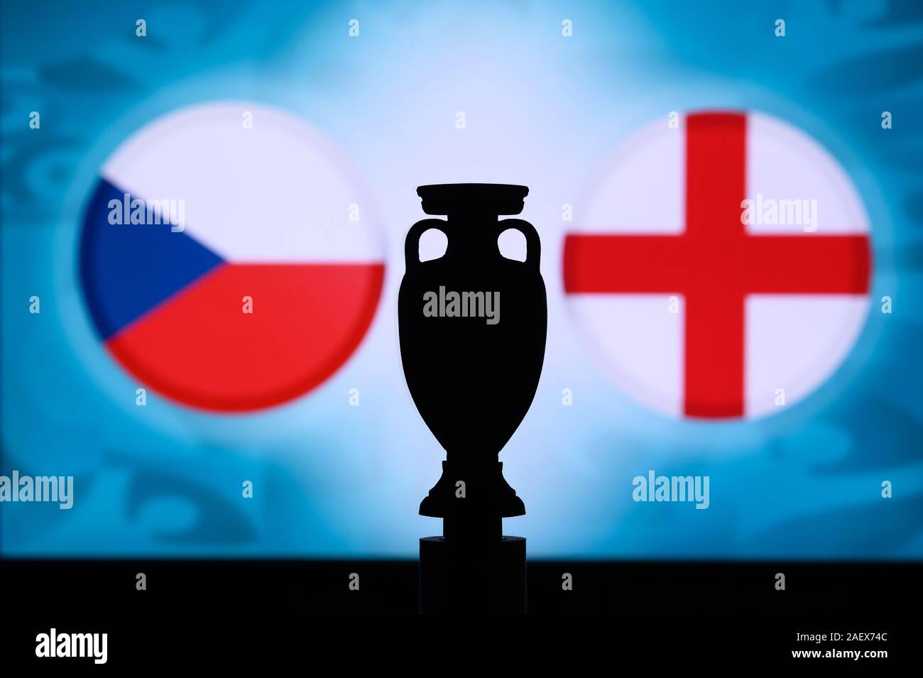 Czech Republic vs England, Euro National flags, and football trophy silhouette. Background for soccer match, Group D, London, 23. June 2020. Stock Photo