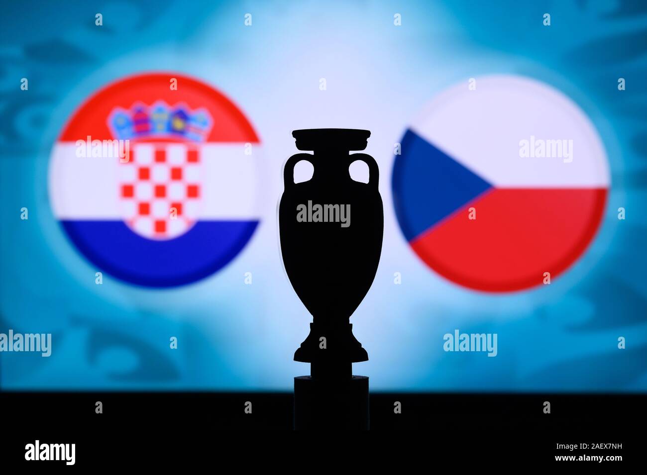 Croatia vs Czech Republic, Euro National flags and football trophy silhouette. Background for soccer match, Group D, Glasgow, 19. June 2020 Stock Photo