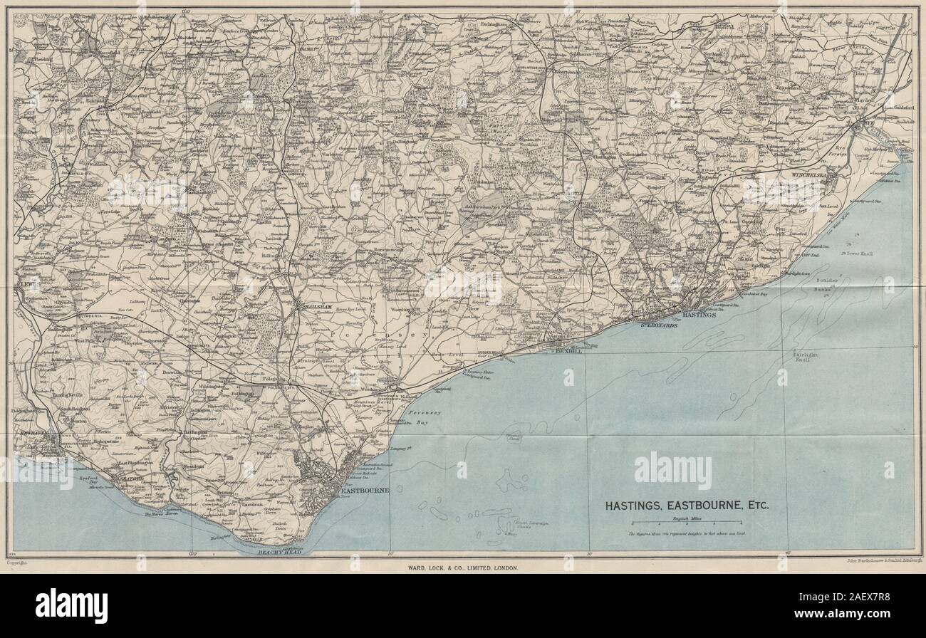 Old Maps Of Eastbourne East Sussex Coast. Hastings Eastbourne Rye Bexhill Beachy Head 1950 Old Map  Stock Photo - Alamy