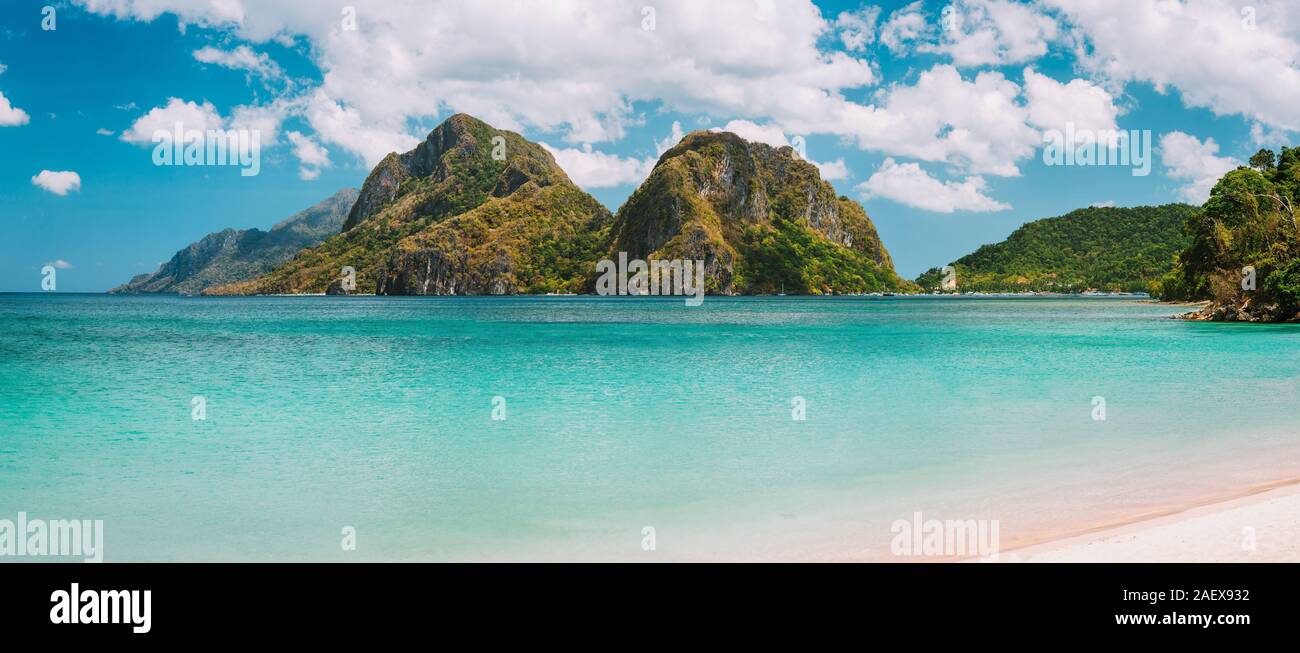 El Nido, Corong Corong beach with massive limestone mountain ridge top