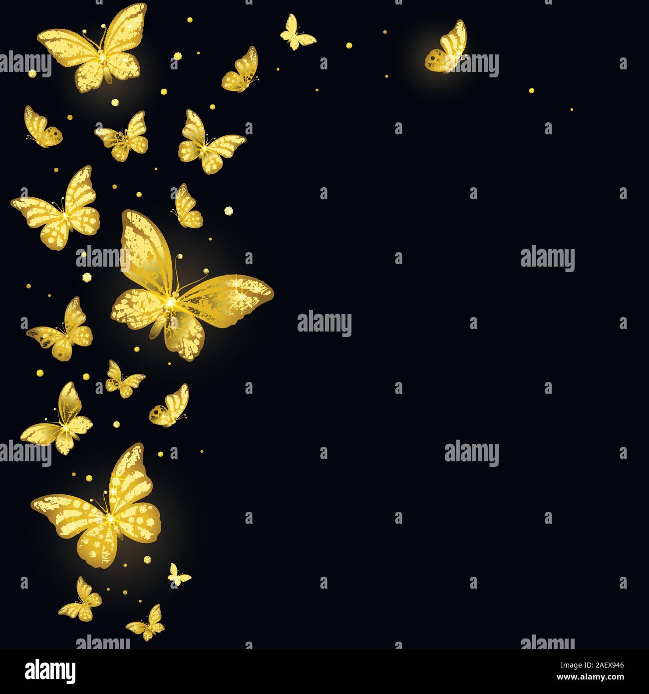 shiny decorative golden butterflies on a black background Stock Vector