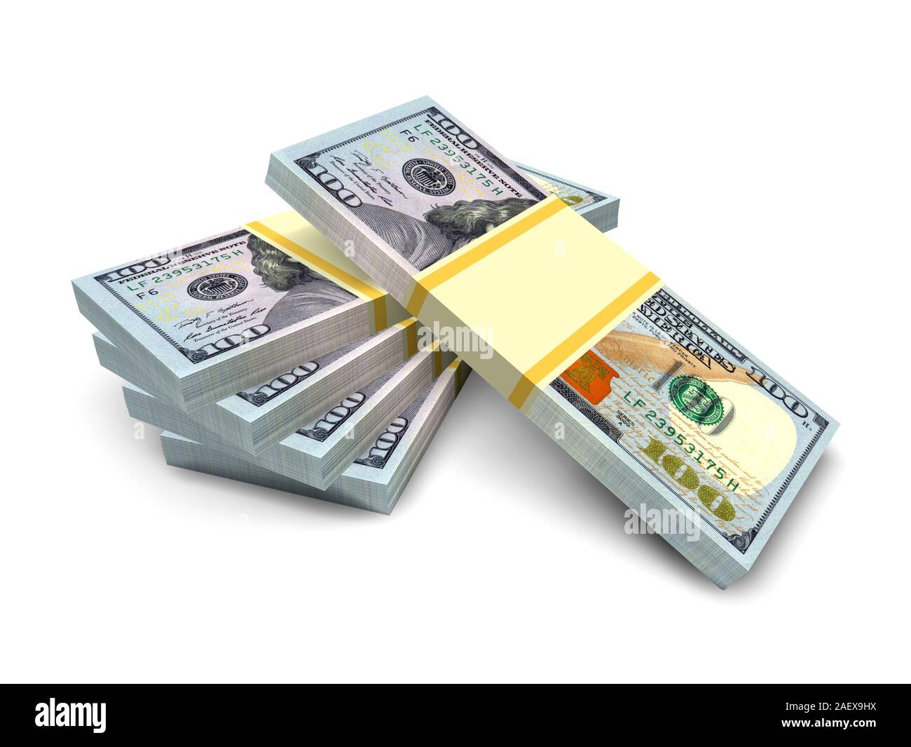Big money stacks from dollars isolated on white background. Business and finance conceptual. 3d render Stock Photo