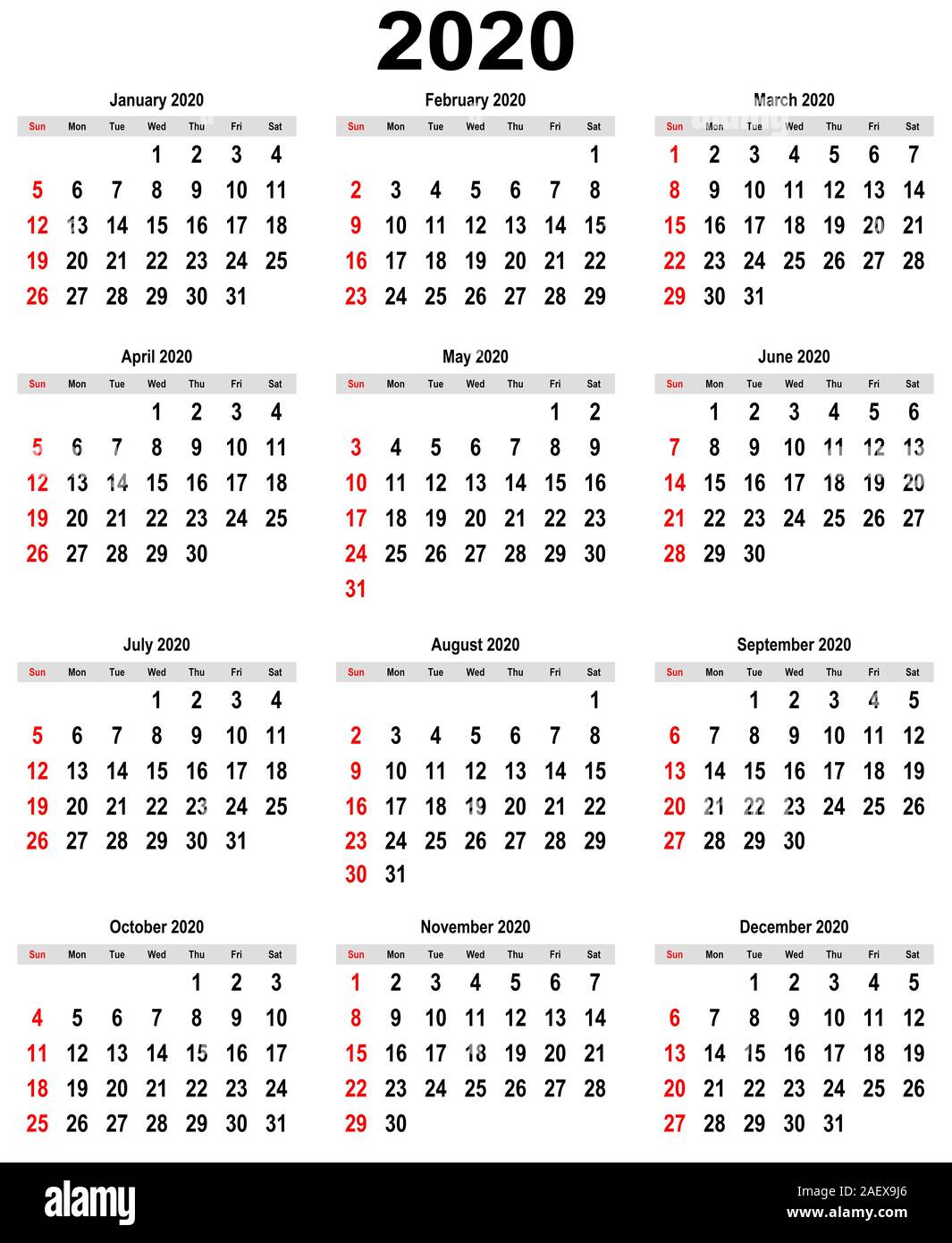 Page of calendar for 2020 year for every month and day Stock Photo