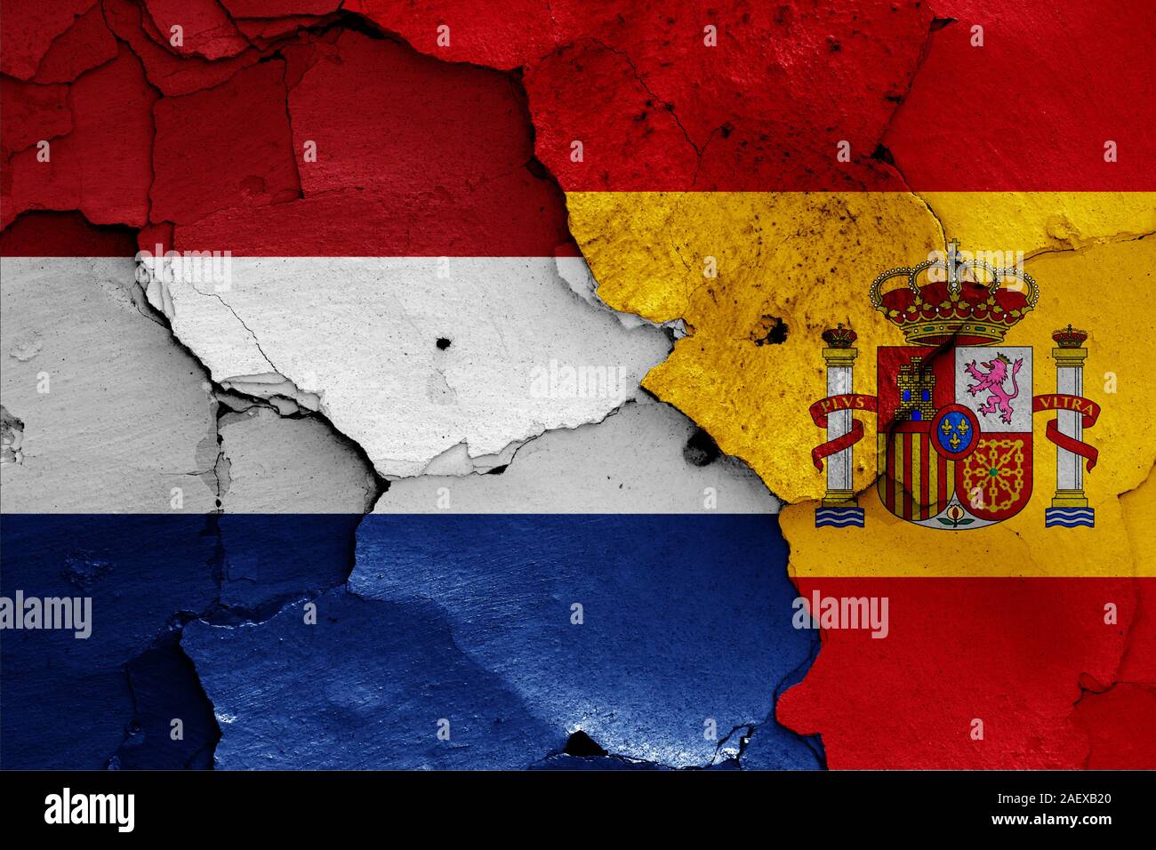 flags of Netherlands and Spain painted on cracked wall Stock Photo - Alamy