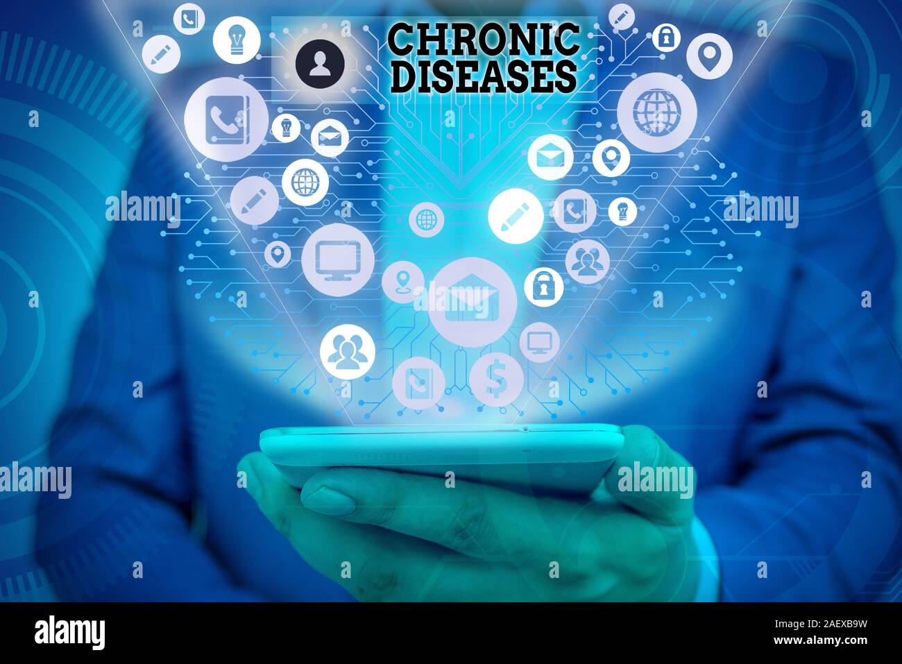 Writing note showing Chronic Diseases. Business concept for A disease or condition that lasts for longer time Stock Photo