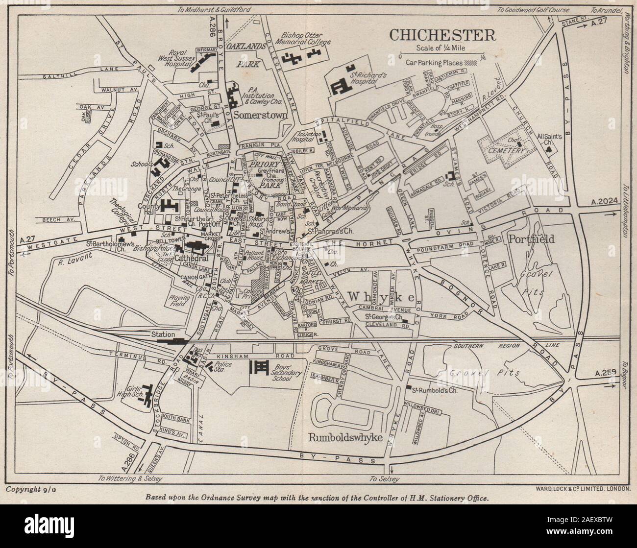 CHICHESTER vintage city/town plan. Sussex. WARD LOCK 1950 old vintage map Stock Photo