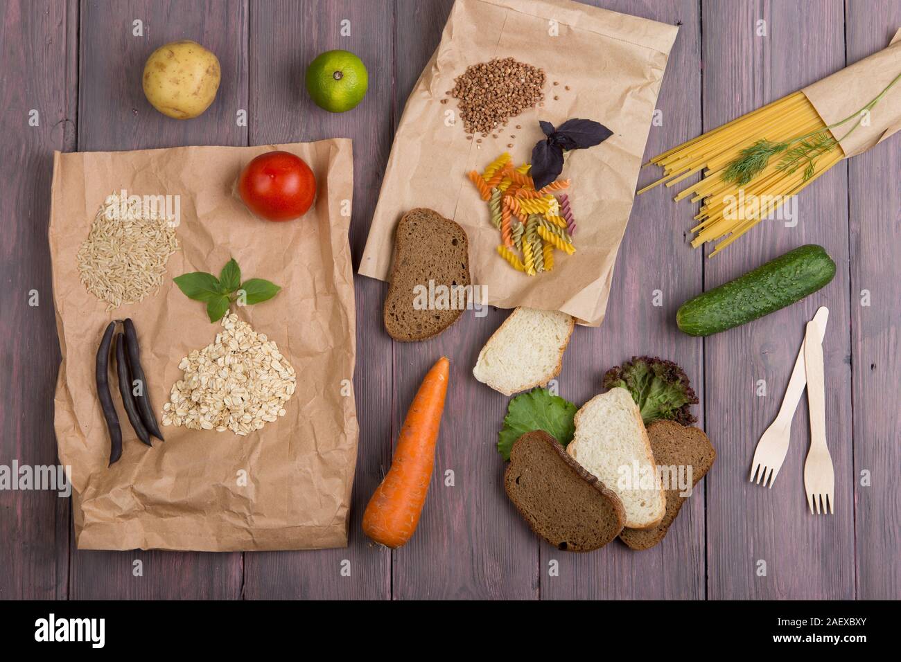 Eco bags with products rich of complex carbohedrates cereals, bread