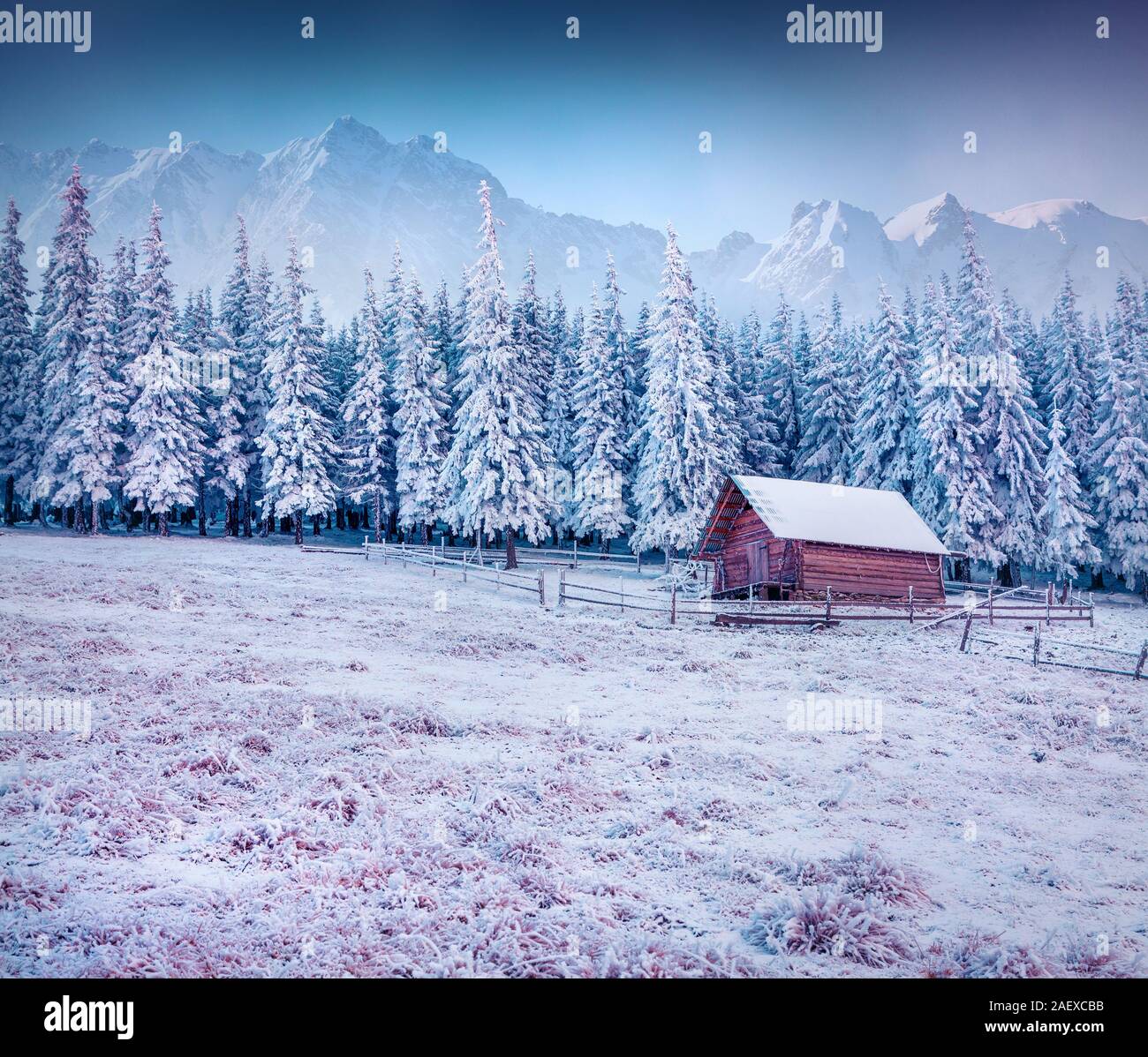 First frost in the mountain village. Stock Photo