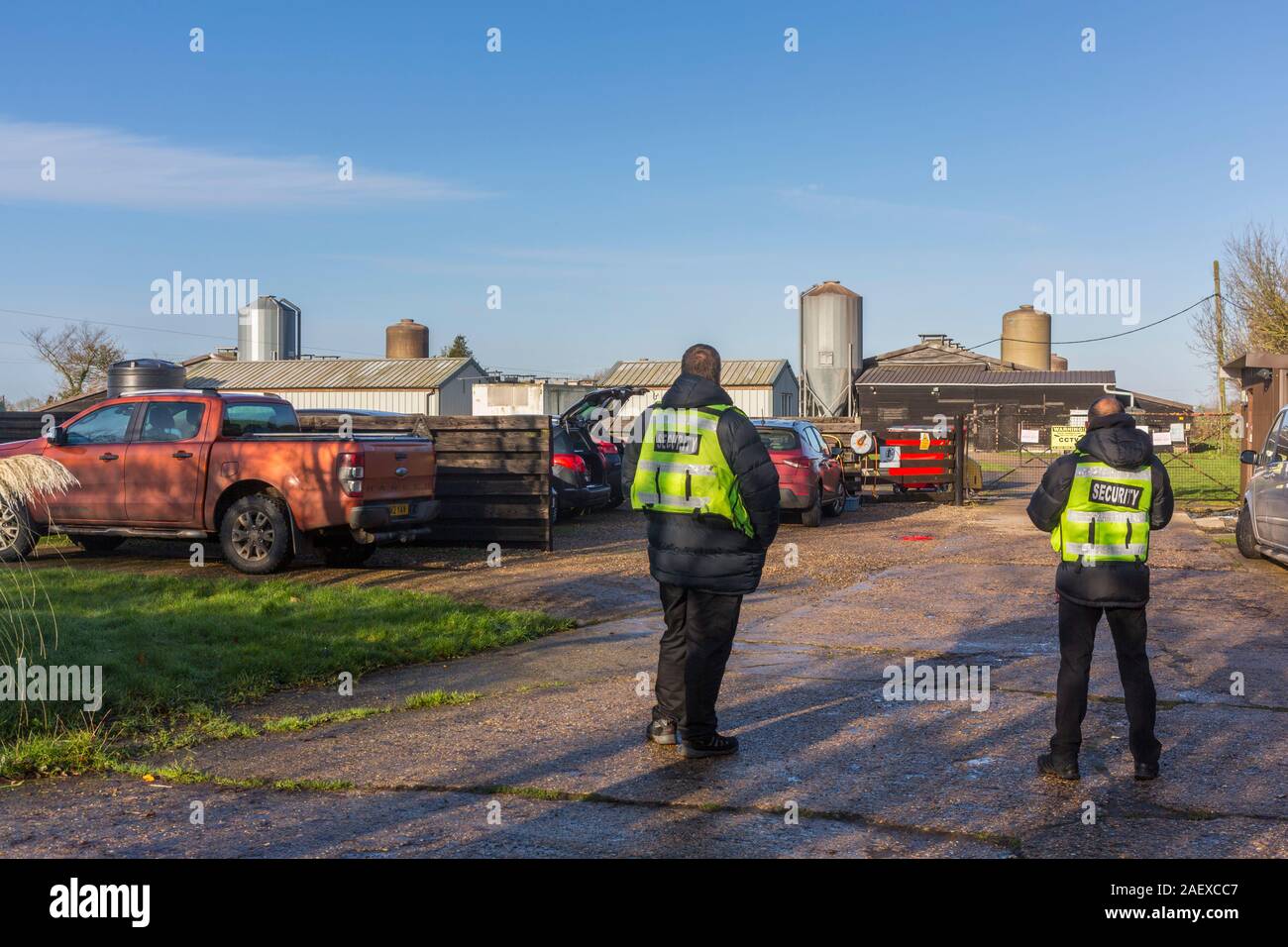 11th December 2019. An outbreak of Bird Flu,  Avian Influenza at Homefield Farm, Athelington, Suffolk, UK.  The scene at the gates of Homefield Farm. Stock Photo