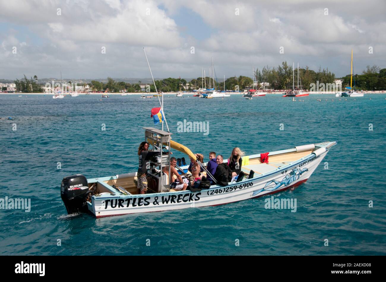 Cliff Sharker boat in Barbados in the Caribbean. The small boat undertakes Turtles and wreck tours in the sea off Barbados. Stock Photo