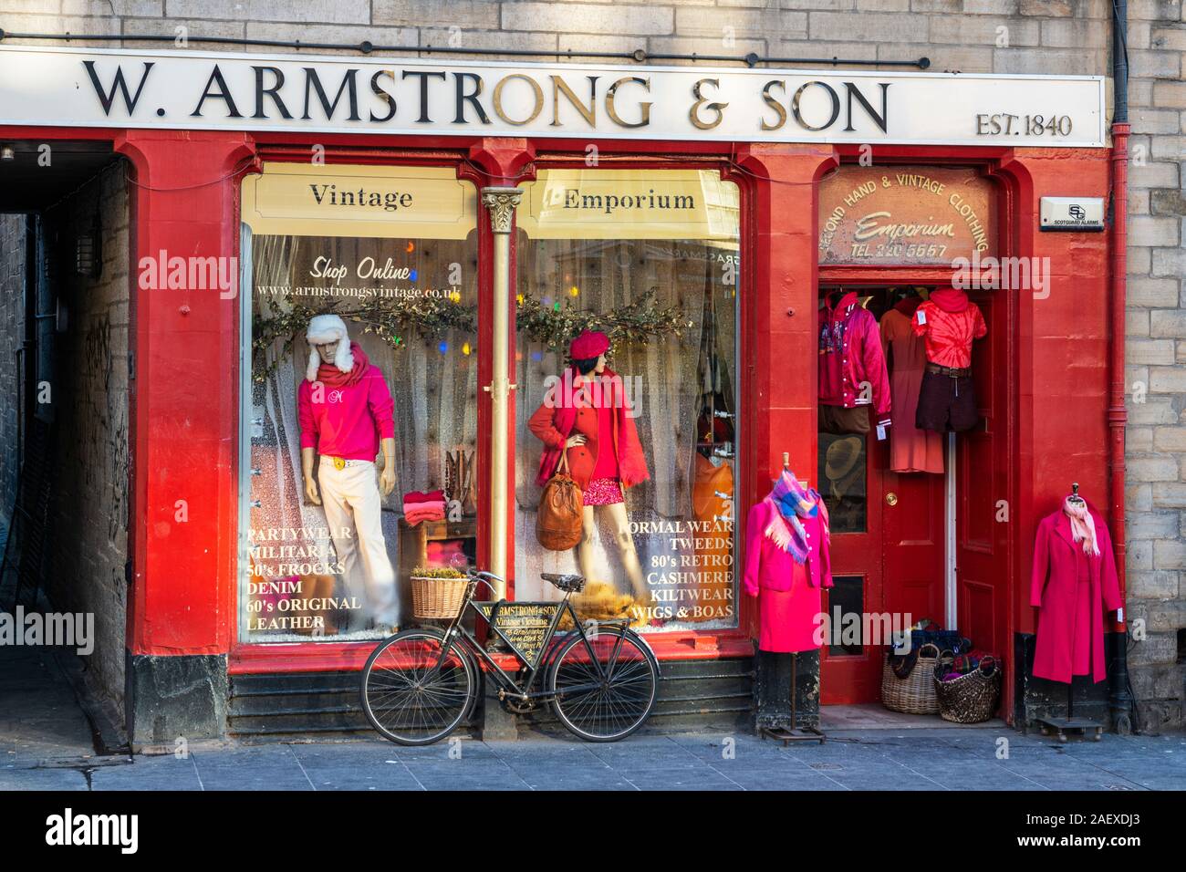 W Armstrong & Son vintage clothing shop in the Grassmarket in Edinburgh, Scotland, UK Stock Photo