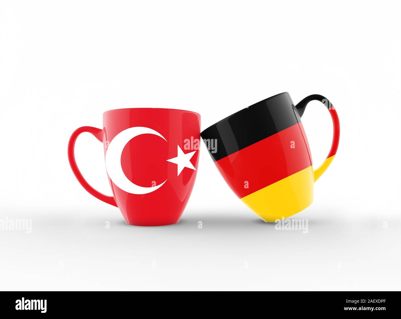 Turkish and German flags are together on coffe cups and celebrating partnership. Realistic 3D