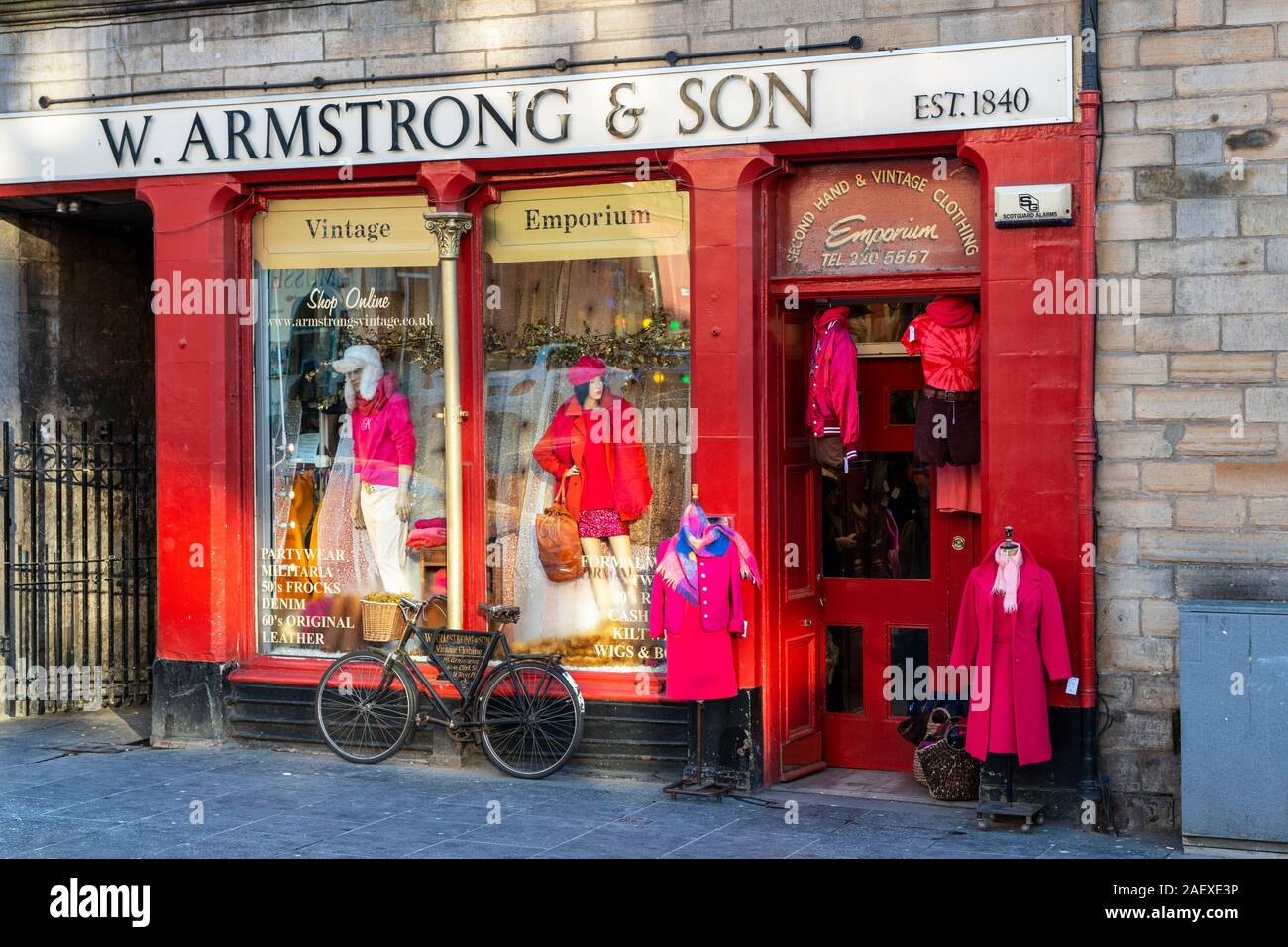 W Armstrong & Son vintage clothing shop in the Grassmarket in Edinburgh, Scotland, UK Stock Photo
