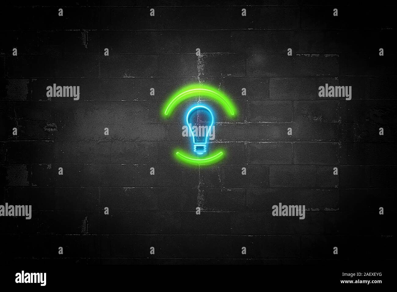 Light Bulb symbol on Neon sign with concrete wall background, the sign